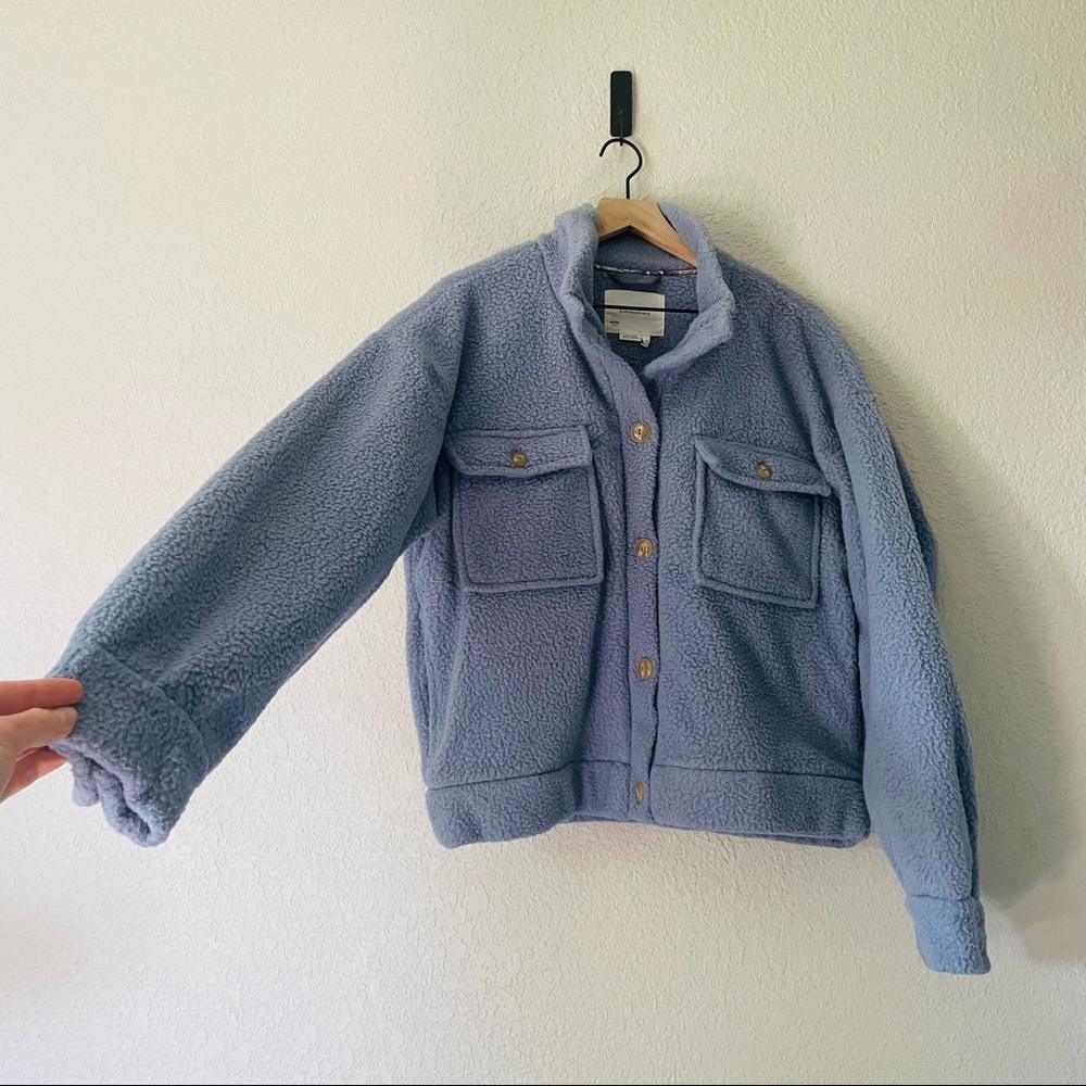 Anthropologie Daily Practice Fleece Bomber Jacket in Lilac/Blue